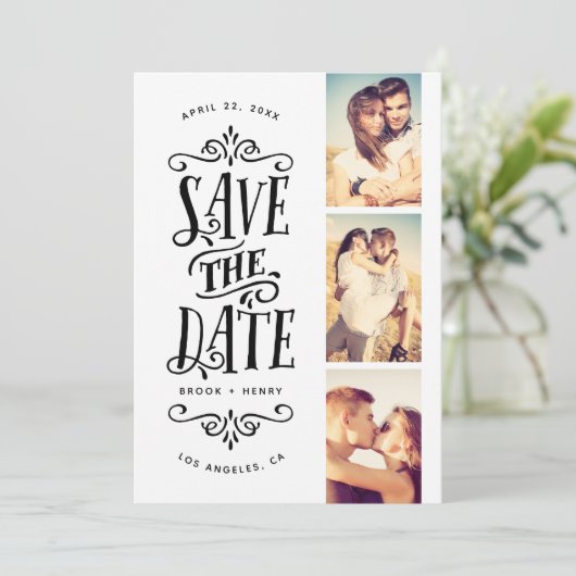 Whimsical Mod 3-Foto Save the Date | Schwarz (Stehend Vorderseite)