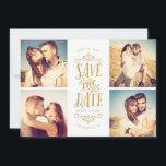 Whimsical Mod 4-Foto Save the Date | Gold<br><div class="desc">Mit dieser 4-Foto-Save the Date-Karte mit fett formatierter Typografie können Sie Ihr Datum stilvoll verkünden. Die Rückseite weist ein Streifen und ein zusätzliches Foto und Text auf.</div>