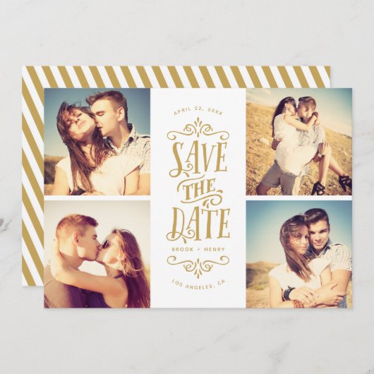 Whimsical Mod 4-Foto Save the Date | Gold (Vorne/Hinten)