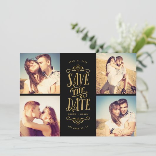 Whimsical Mod 4-Foto Save the Date | Gold Black (Stehend Vorderseite)