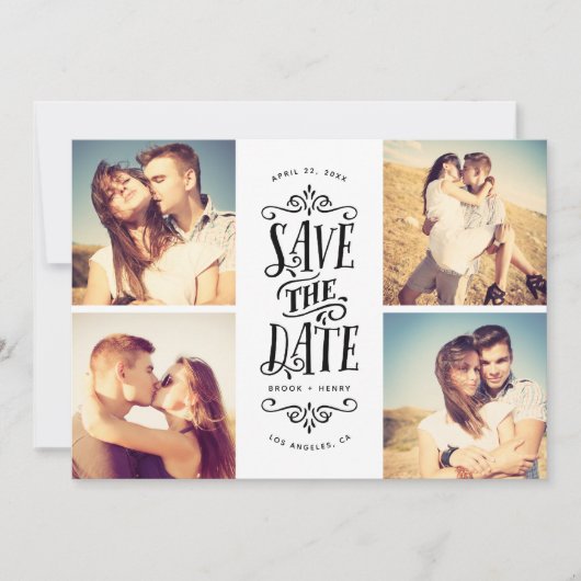 Whimsical Mod 4-Foto Save the Date | Schwarz (Vorderseite)