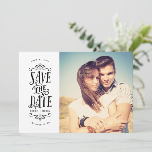 Whimsical Mod Foto Save the Date | Schwarz (Stehend Vorderseite)