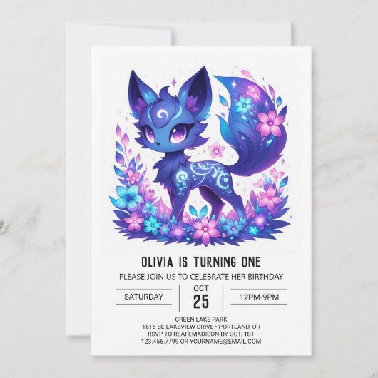 Whimsical Modern Fox 1. Geburtstag Einladung (Vorderseite)