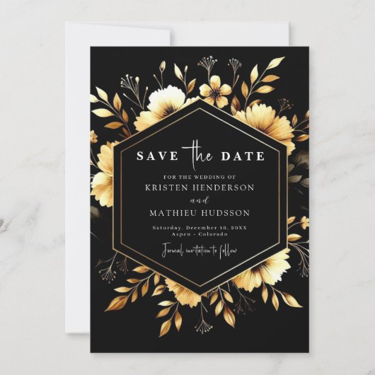 Whimsical Modern Gold und Black Wedding Save The Date (Vorderseite)