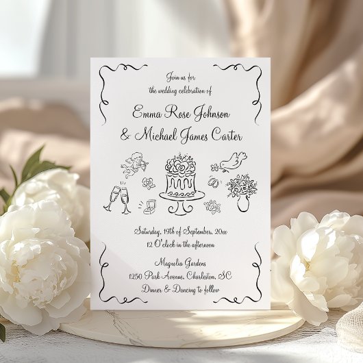 Whimsical Modern Handgezeichnete Hochzeit Einladung