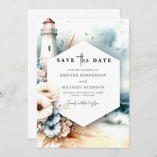 Whimsical Modern Lighthouse Wedding Save The Date (Vorne/Hinten)