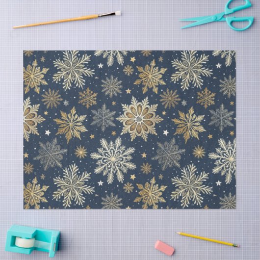 Whimsical Modern Navy Gold Snowflakes Decoupage Seidenpapier (Basteln)