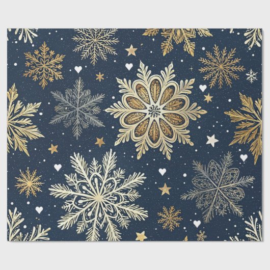 Whimsical Modern Navy Gold Snowflakes & Hearts Geschenkpapier (Flach)