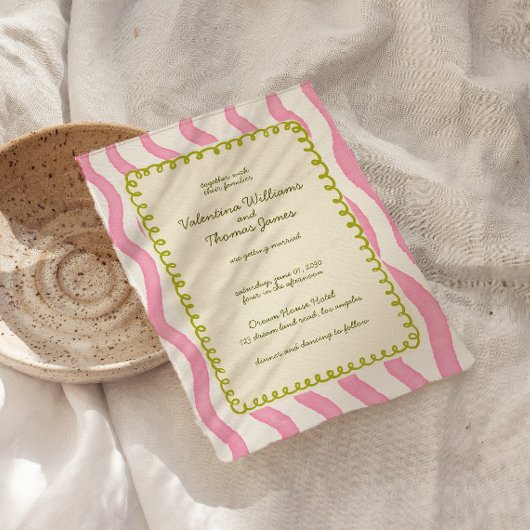 Whimsical Modern Pink & Green Wedding Einladung