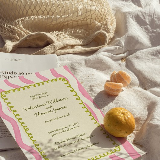 Whimsical Modern Pink & Green Wedding Einladung