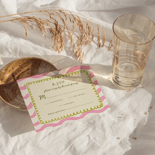Whimsical Modern Pink & Green Wedding RSVP Card