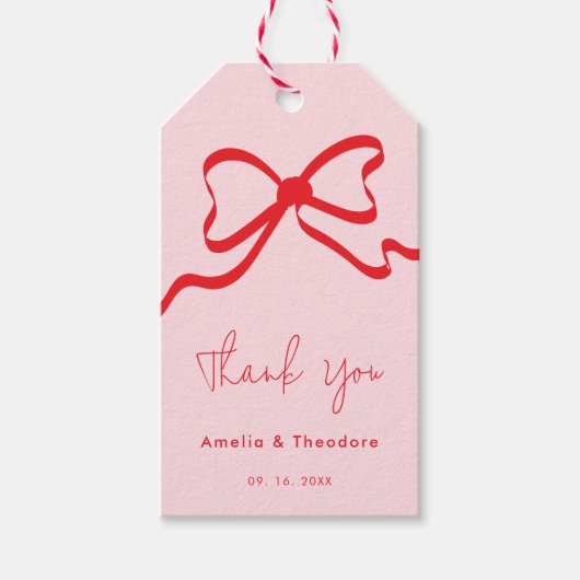 Whimsical Modern Pink Red Bow Wedding Geschenkanhänger (Vorderseite)