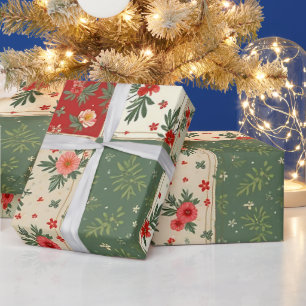 Whimsical Modern Rot & Grün Weihnachtsflorales Geschenkpapier