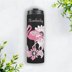 Whimsical Modern Schwarz Rosa Flamingo Thermosbecher