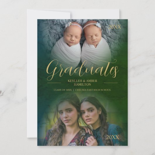 Whimsical Modern Script 2 Fotos Graduate Twins Einladung (Vorderseite)