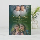 Whimsical Modern Script 2 Fotos Graduate Twins Einladung (Stehend Vorderseite)