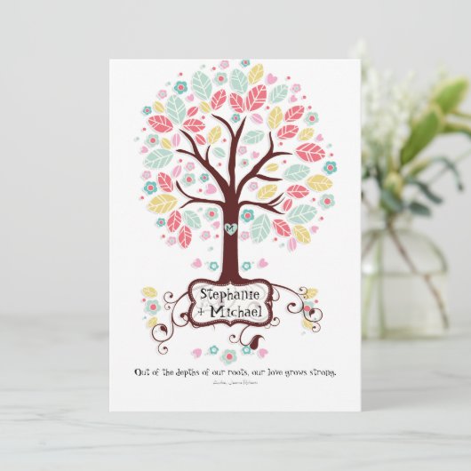Whimsical Modern Swirth Heart Blume Tree Wedding Einladung (Stehend Vorderseite)