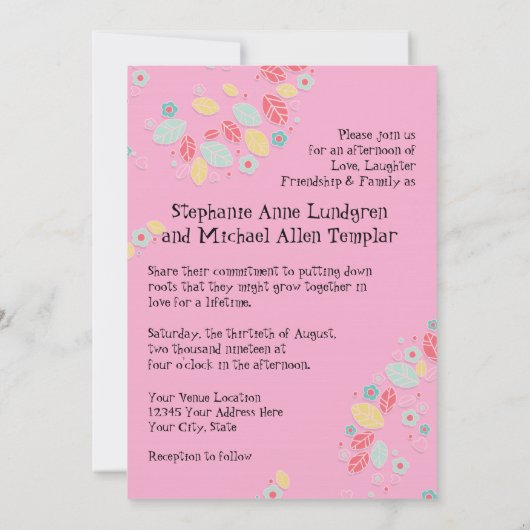 Whimsical Modern Swirth Heart Blume Tree Wedding Einladung (Rückseite)