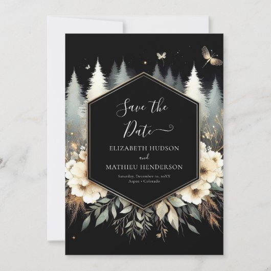 Whimsical Moderne verzauberte Waldhochzeit Save The Date (Vorderseite)