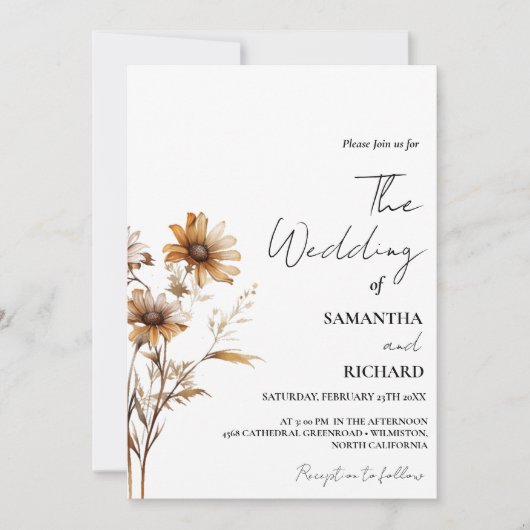 Whimsical Monogram BLack Wildblume Wedding Einladung (Vorderseite)