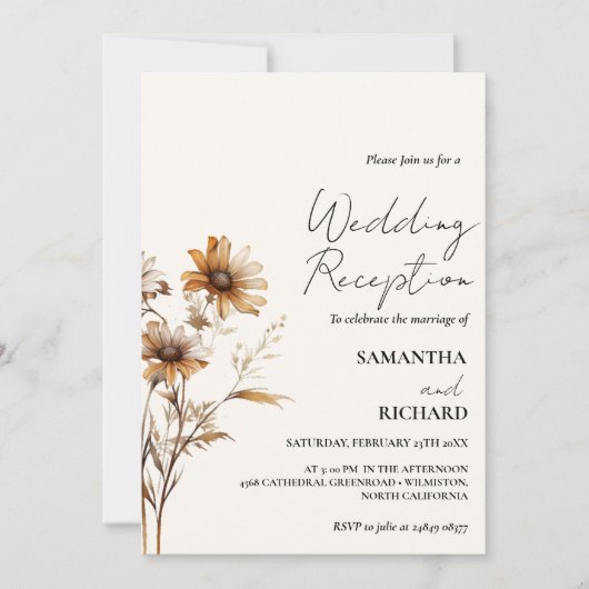 Whimsical Monogram Wildblume Hochzeitsempfang Einladung (Vorderseite)