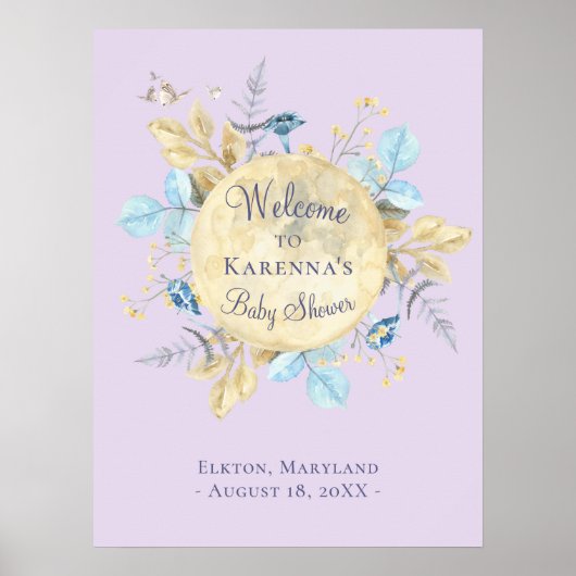 Whimsical Moon Lavender Lila Baby Dusche Willkomme Poster (Vorne)