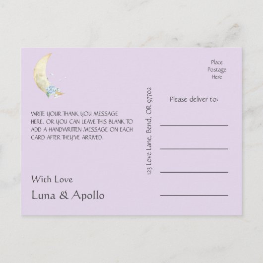 Whimsical Moon Lila Danke Postkarte (Rückseite)