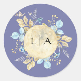 Whimsical Moon Lila Monogram Wedcker Runder Aufkleber
