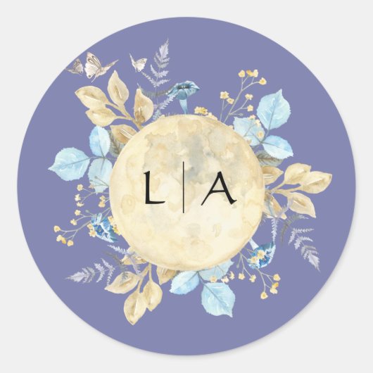 Whimsical Moon Lila Monogram Wedcker Runder Aufkleber (Vorderseite)