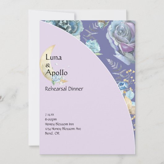 Whimsical Moon Lila Probe Dinner Einladung (Vorderseite)