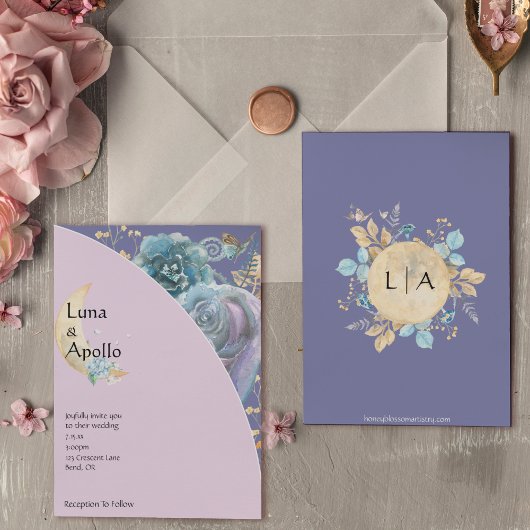 Whimsical Moon Lila Wedding Einladung