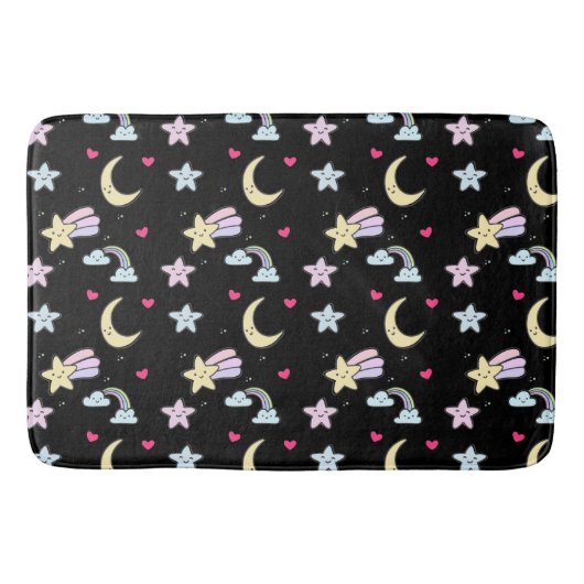 Whimsical Moon, Stars und Wolkenmuster auf schwarz Badematte (Vorderseite)