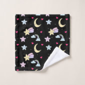 Whimsical Moon, Stars und Wolkenmuster auf schwarz Badhandtuch Set (Waschlappen)