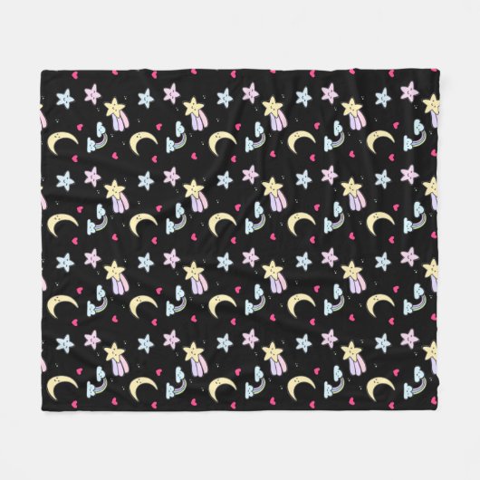 Whimsical Moon, Stars und Wolkenmuster auf schwarz Fleecedecke (Vorderseite (Horizontal))