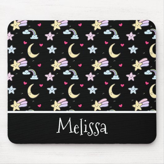 Whimsical Moon, Stars und Wolkenmuster auf schwarz Mousepad (Vorne)