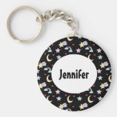 Whimsical Moon, Stars und Wolkenmuster auf schwarz Schlüsselanhänger (Vorne)