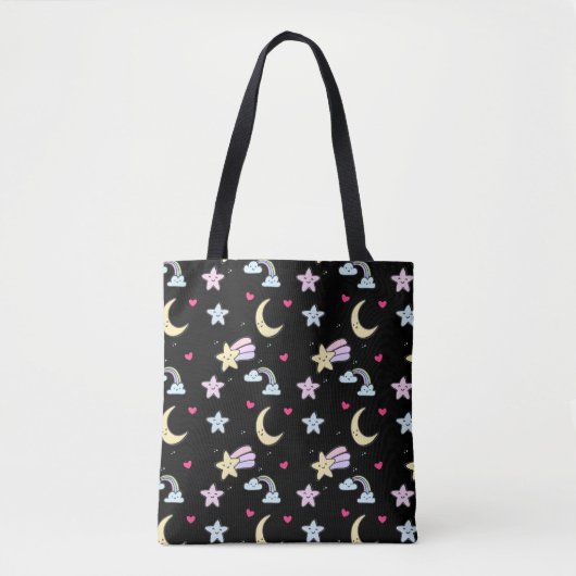 Whimsical Moon, Stars und Wolkenmuster auf schwarz Tasche (Vorderseite)