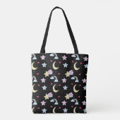 Whimsical Moon, Stars und Wolkenmuster auf schwarz Tasche (Rückseite)