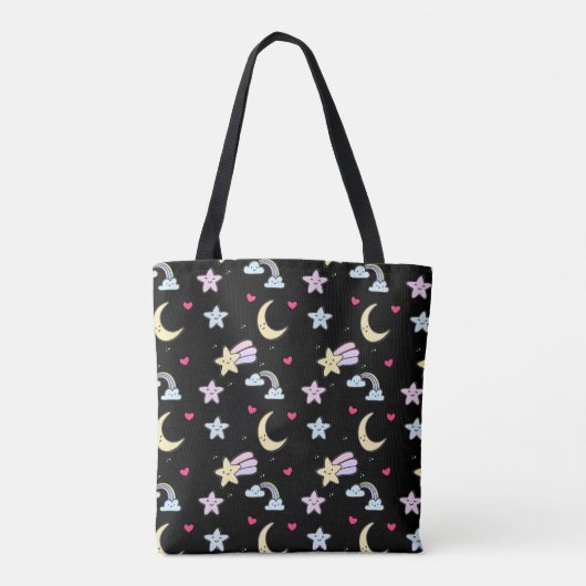Whimsical Moon, Stars und Wolkenmuster auf schwarz Tasche (Rückseite)