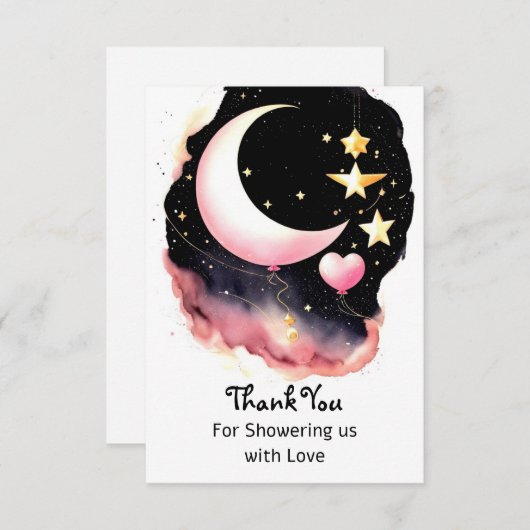Whimsical Moon & Stars Watercolor Babydusche Dankeskarte (Vorne/Hinten)