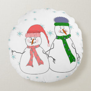 Whimsical Mr. und Mrs. Snowman Snowing Winterkunst Rundes Kissen
