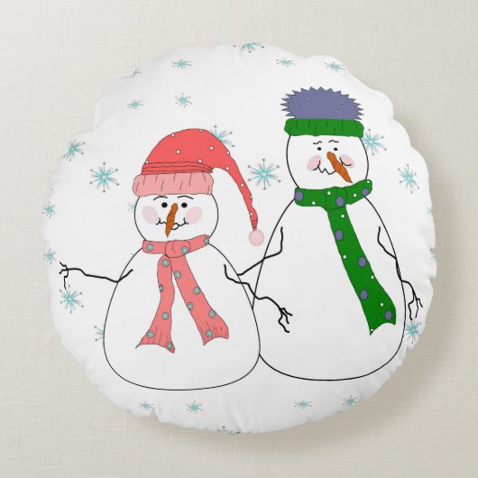 Whimsical Mr. und Mrs. Snowman Snowing Winterkunst Rundes Kissen (Vorderseite)