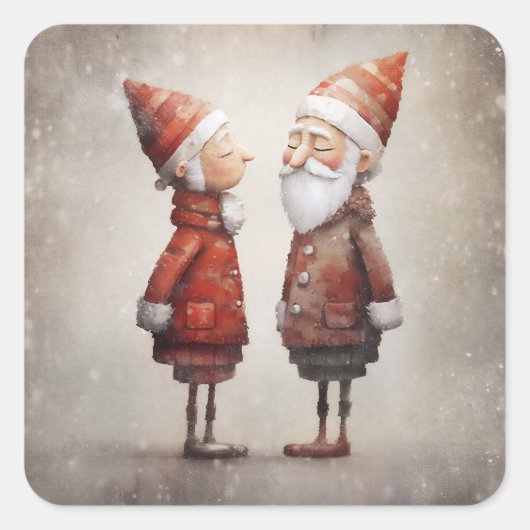 Whimsical Mrs. & Mr. Claus Cartoon Quadratischer Aufkleber (Vorderseite)
