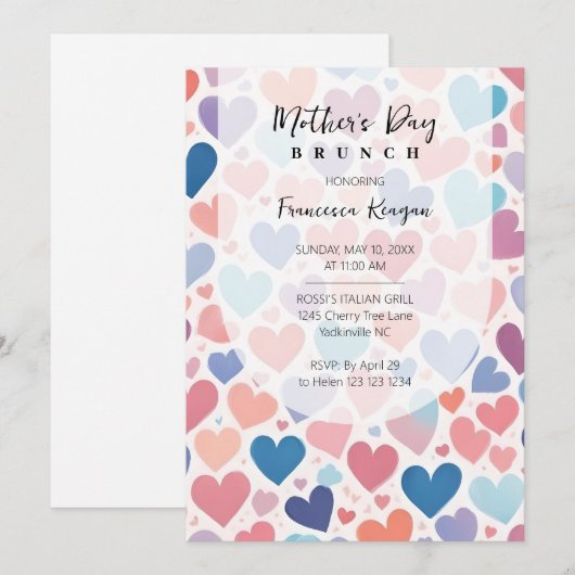 Whimsical Multicolored Hearts Mothers Day Party Einladung (Vorne/Hinten)