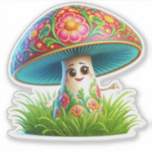 Whimsical Mushroom Character umgeben von Blume Aufkleber (Vorderseite)