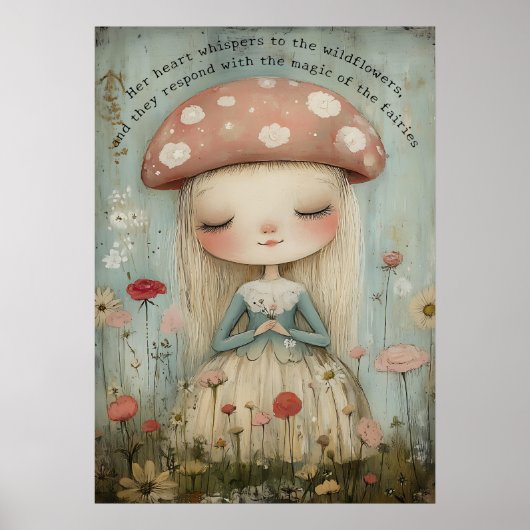 Whimsical Mushroom Faia in einer Blume Wiesen Kuns Poster (Vorne)
