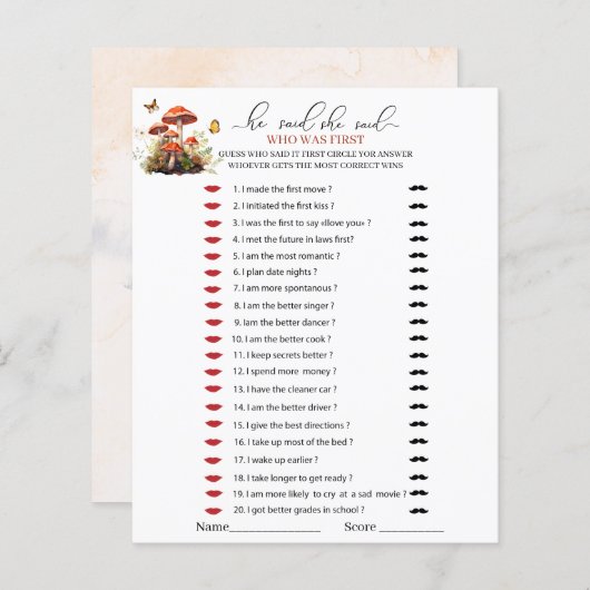 Whimsical Mushroom Watercolor Er sagte, sie sagte (Vorne/Hinten)