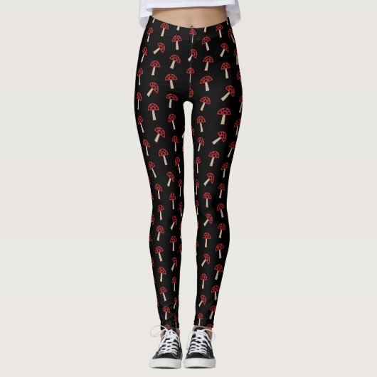 Whimsical Mushrooms Red And Black Pattern Leggings (Vorderseite)