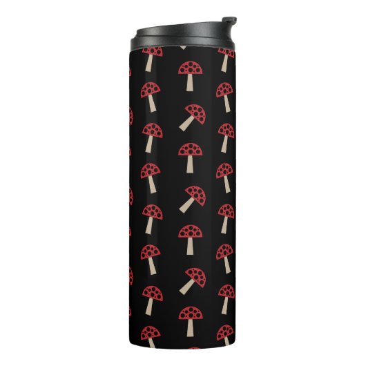 Whimsical Mushrooms Red And Black Pattern Thermosbecher (Nach links gedreht)