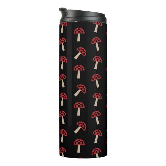 Whimsical Mushrooms Red And Black Pattern Thermosbecher (Nach rechts gedreht)